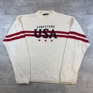 Vintage Structure USA Knit Sweater Mens XL Cream Red Blue Striped Ramie Cotton